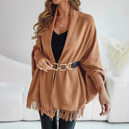 Damen Fransen‑Poncho‑Cardigan mit dekorativem Taillengürtel und Rippbündchen Shop Nory