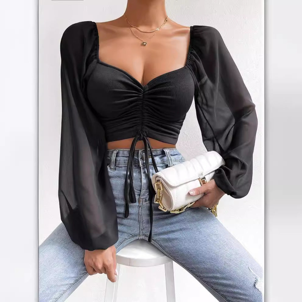 Damen Crop-Top mit strukturiertem Körper und eleganten Puffärmeln