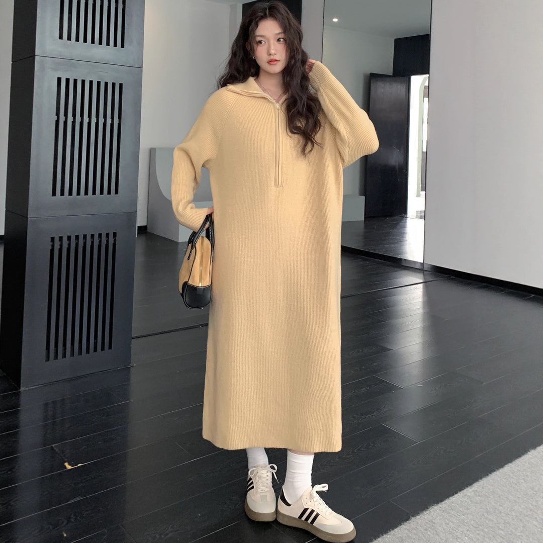 Damen Geripptes Kapuzen-Strickmaxikleid mit halbem Reißverschluss und weitem Fall Shop Nory