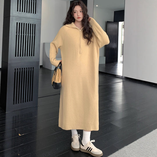 Damen Geripptes Kapuzen-Strickmaxikleid mit halbem Reißverschluss und weitem Fall Shop Nory