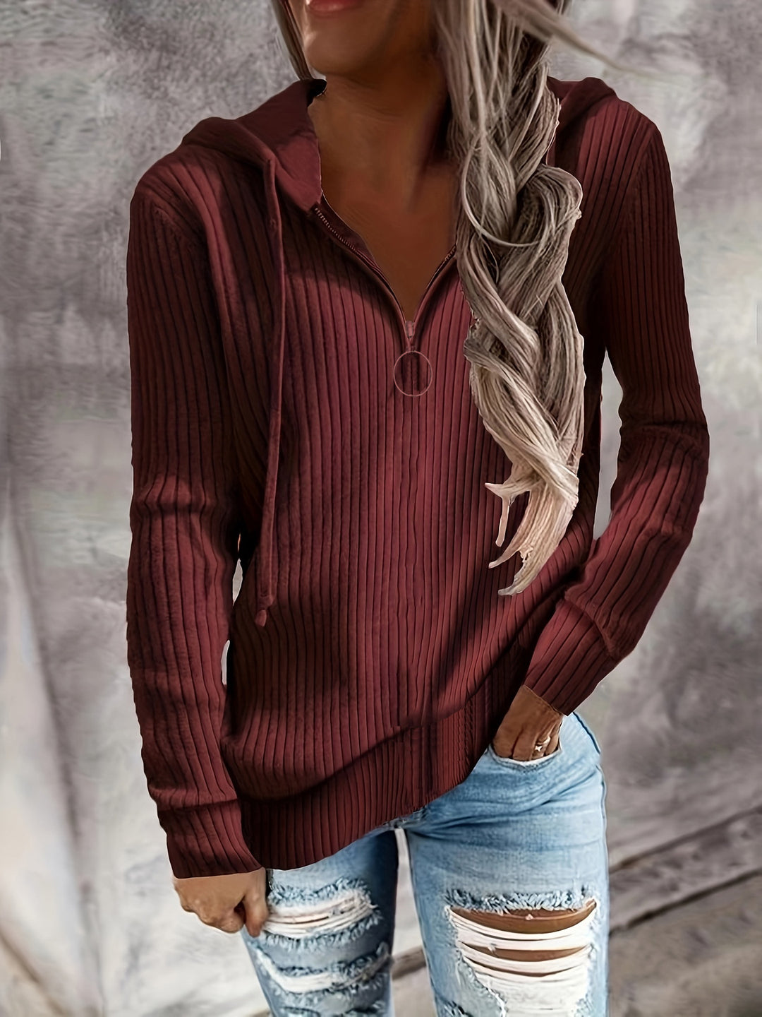 Damen Lässiger Rippstrick-Hoodie mit halbhohem Reißverschluss und Ringzipper Shop Nory