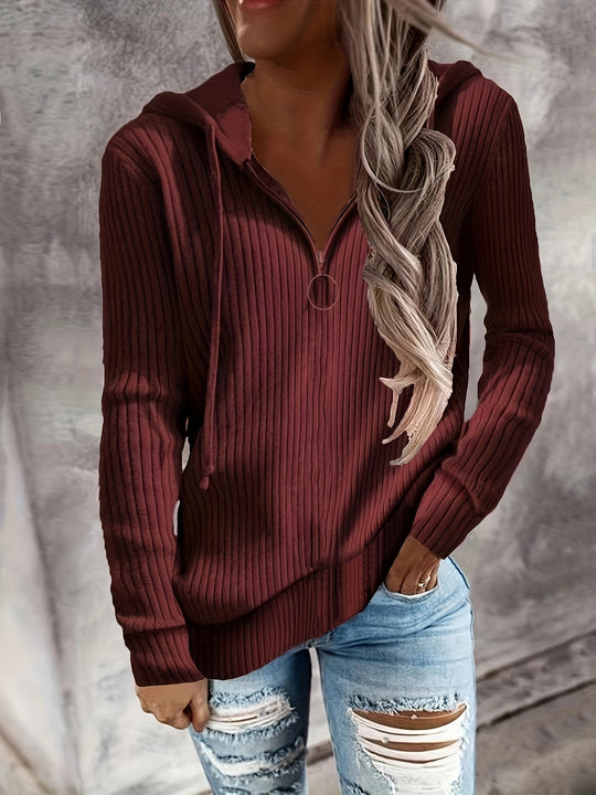 Damen Lässiger Rippstrick-Hoodie mit halbhohem Reißverschluss und Ringzipper Shop Nory