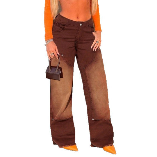 Damen weite Patchwork-Jeanshose mit hoher Taille und ausgefranstem Saum Shop Nory