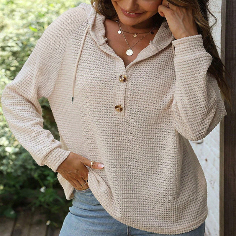 Damen Waffelstrick Kapuzenpullover mit Knopfleiste und Rüschenkragen Shop Nory
