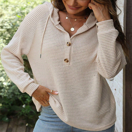 Damen Waffelstrick Kapuzenpullover mit Knopfleiste und Rüschenkragen Shop Nory
