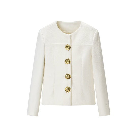 Damen Taillierte Bouclé-Kurzjacke mit rundem Ausschnitt und goldenen Schmuckknöpfen Shop Nory