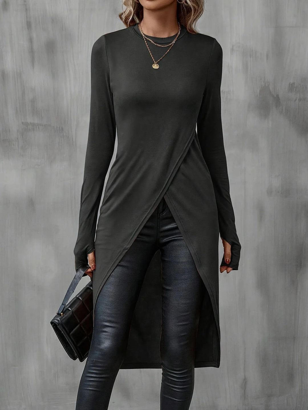 Damen Langes asymmetrisches Wickel-Tunika-Top mit Frontschlitz Shop Nory