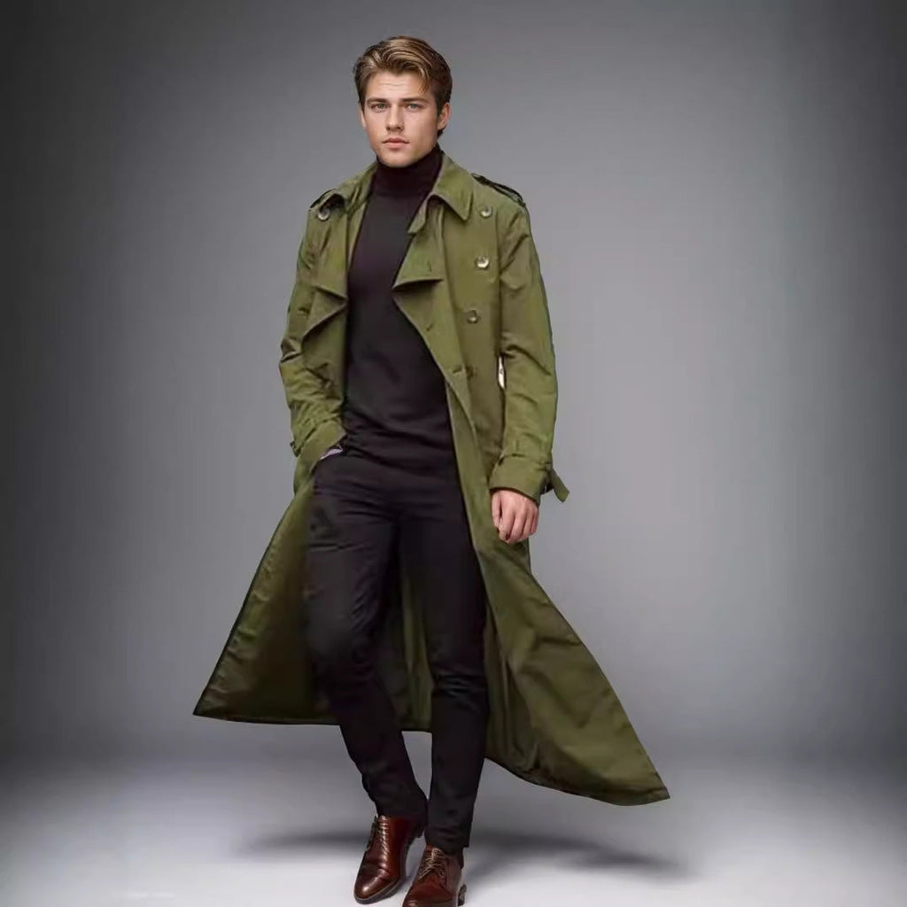 Herren langer Trenchcoat mit modernem Schnitt und praktischen Taschen