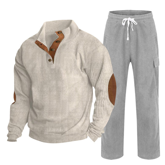 Herren Gemütliches Freizeit-Set aus Waffelstrick-Henley mit Ellenbogenpatch und Relax-Cargo-Hose Shop Nory