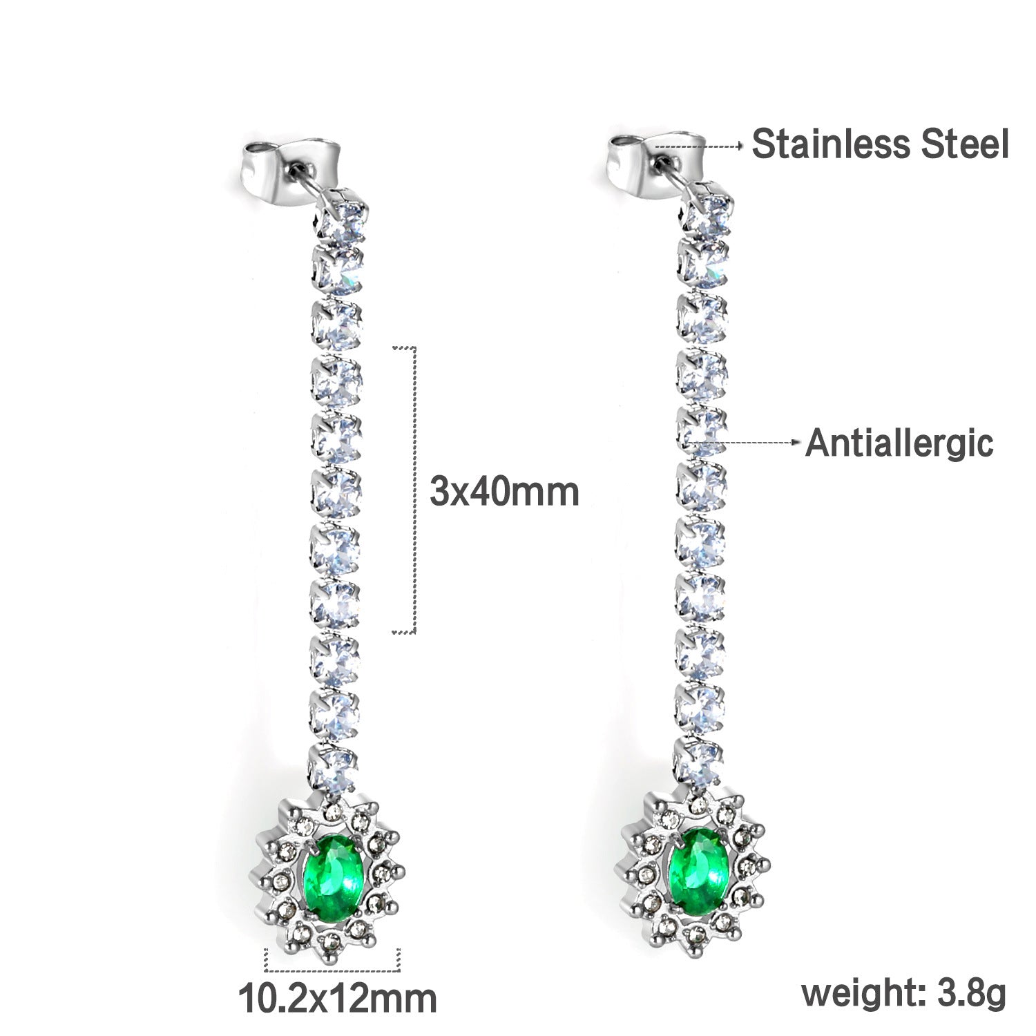 Damen Hängende Ohrstecker mit funkelnden Zirkonia und grünem Kristallanhänger Shop Nory