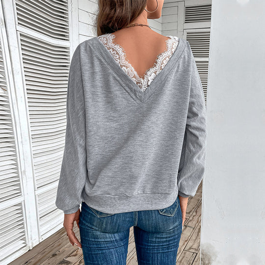 Damen Lässiges Oversize-Sweatshirt mit Wickeloptik und Spitzeneinsatz Shop Nory