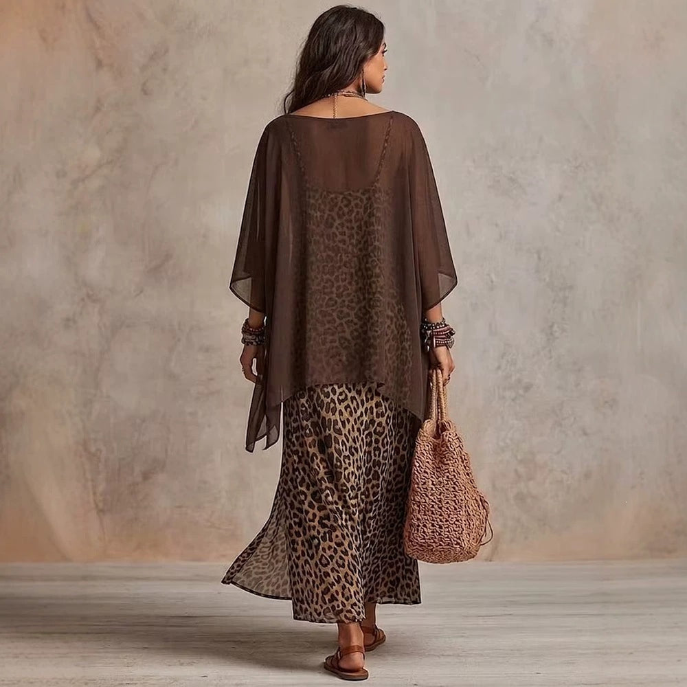 Damen Boho-Maxikleid mit transparentem Poncho-Overlay und Leopardenmuster Shop Nory