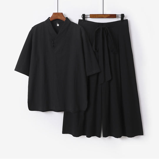 Unisex Zweiteiliges Kimono-Lounge-Set mit Stehkragen Kurzarmtop und weiter Bindbundhose Shop Nory