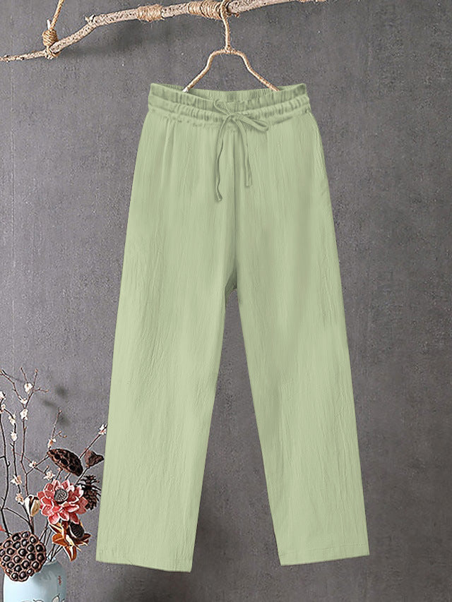 Damen Crinkle Leinenmischung Hose mit elastischem Kordelzug, gerade Beinform und lässiger Passform Shop Nory