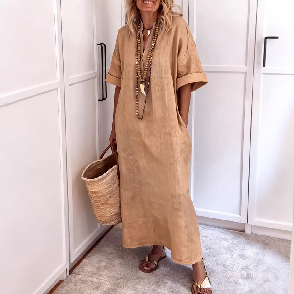 Damen Leinen Maxikleid mit V-Ausschnitt und praktischen Taschen