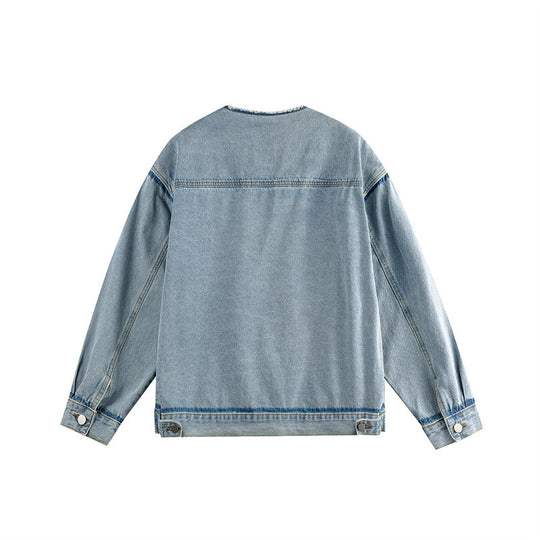 Herren Oversize-Denimblouson ohne Kragen mit rohem Halsausschnitt und Pattentaschen Shop Nory