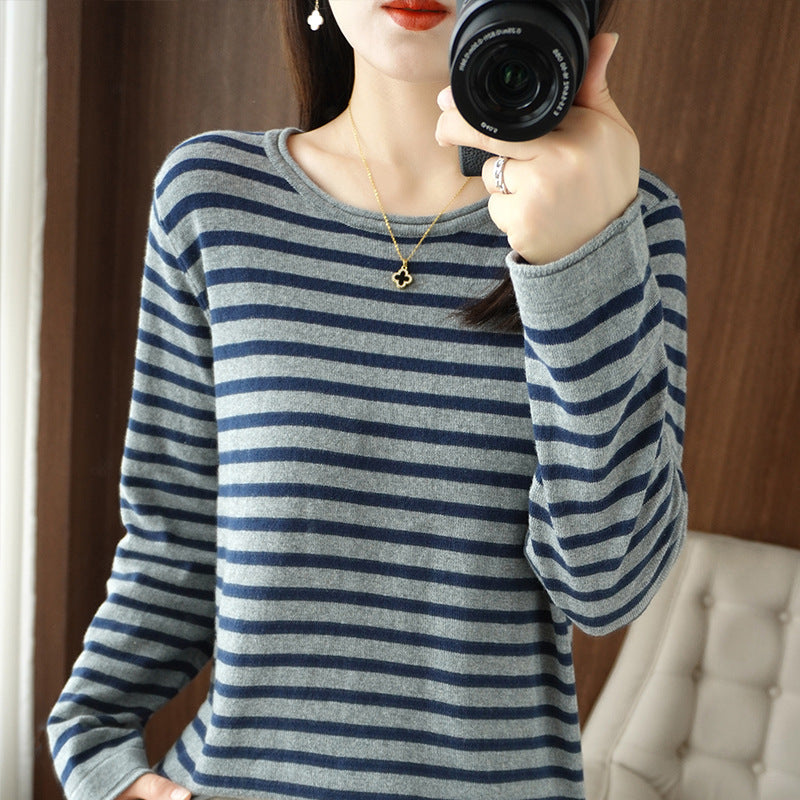 Damen Maritim inspirierter Baumwoll-Feinstrickpullover mit Streifen und leicht kastiger Silhouette Shop Nory