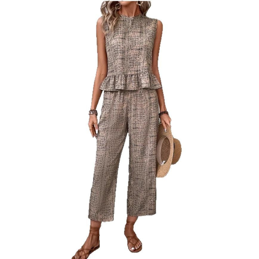 Damen zwei-teiliges Set mit peplum Oberteil und weit geschnittenen Hosen
