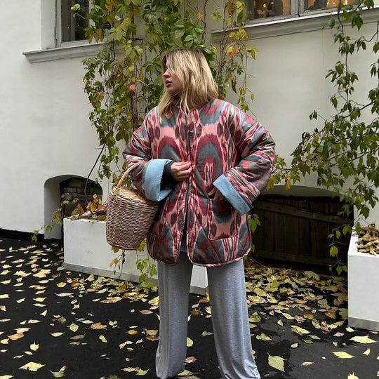 Damen Stepp-Kimonojacke mit Ikat-Print, Oversize‑Schnitt und kontrastierenden Bündchen Shop Nory
