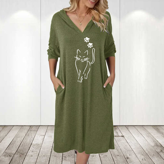 Damen Kapuzenkleid mit süßem Katzenmotiv und praktischen Taschen Shopnory
