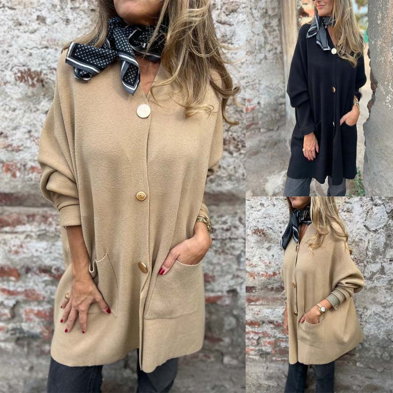 Damen Oversize Strickmantel-Cardigan mit aufgesetzten Taschen und Zierknöpfen Shop Nory