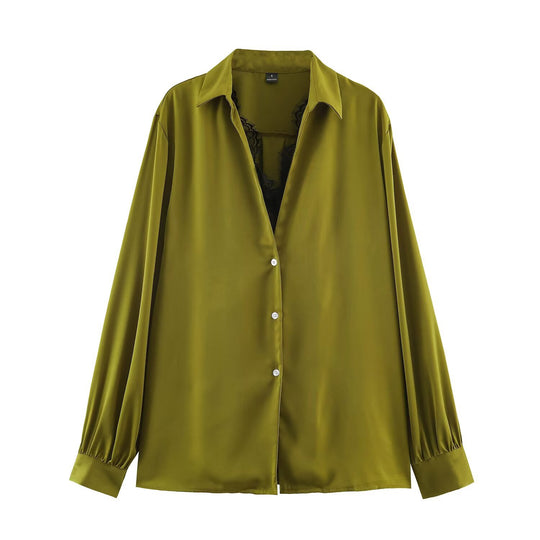 Damen Seidige Oversize-Bluse mit Spitzeneinsatz und Hemdkragen Shop Nory