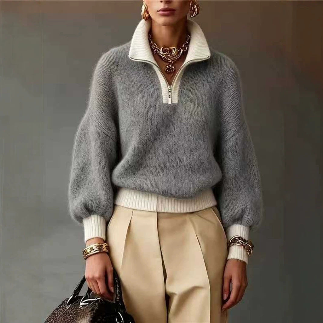 Damen Flauschiger Pullover mit halbem Reißverschluss, Stehkragen und Ballonärmeln Shop Nory