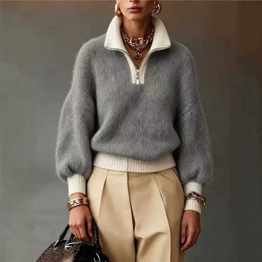 Damen Flauschiger Pullover mit halbem Reißverschluss, Stehkragen und Ballonärmeln Shop Nory