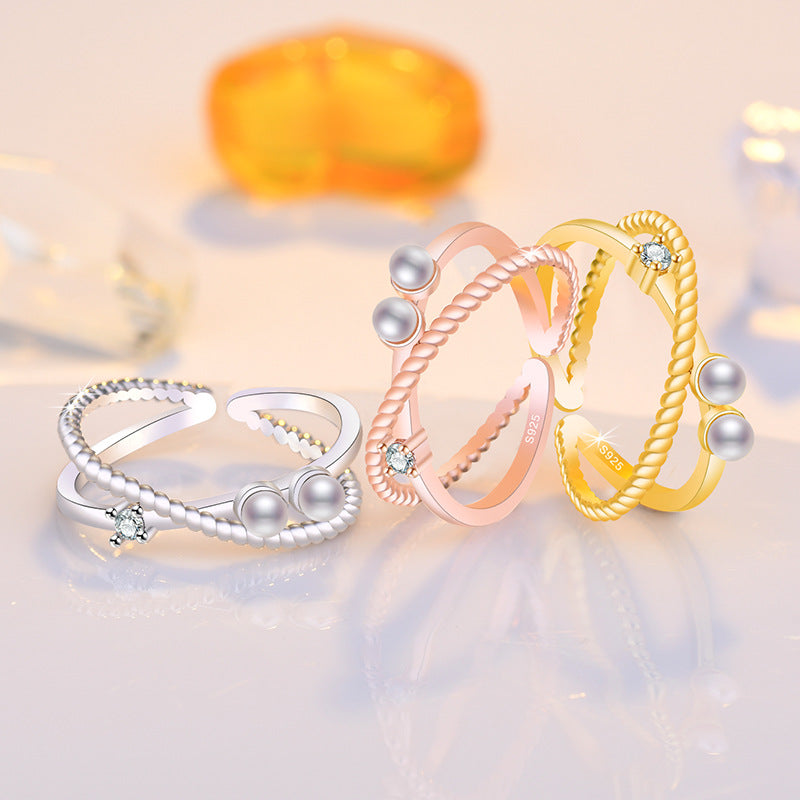 Damen Offener Ring mit doppeltem Perlen-Design und funkelndem Zirkonia Shop Nory