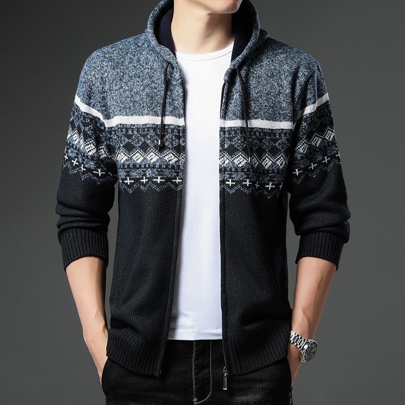 Herren Strick-Zip-Hoodie mit Norwegermuster, Kapuze und Eingrifftaschen Shop Nory