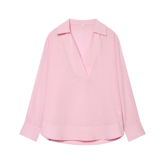 Damen Locker fallende Leinenoptik Bluse mit V‑Ausschnitt, Hemdkragen und Umschlagmanschetten Shop Nory
