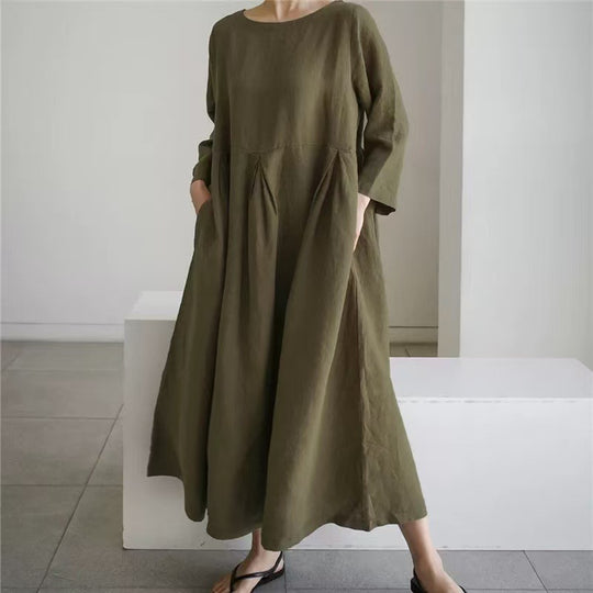 Damen Maxikleid aus Leinenmix mit geraffter Hüftpasse, seitlichen Eingrifftaschen und weitem Tellerrock Shop Nory
