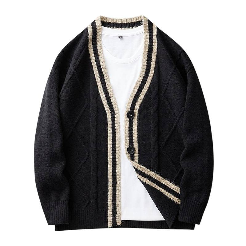 Herren Strickcardigan mit Zopfmuster, V-Ausschnitt und Kontrastkante Shop Nory