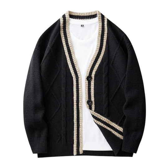 Herren Strickcardigan mit Zopfmuster, V-Ausschnitt und Kontrastkante Shop Nory