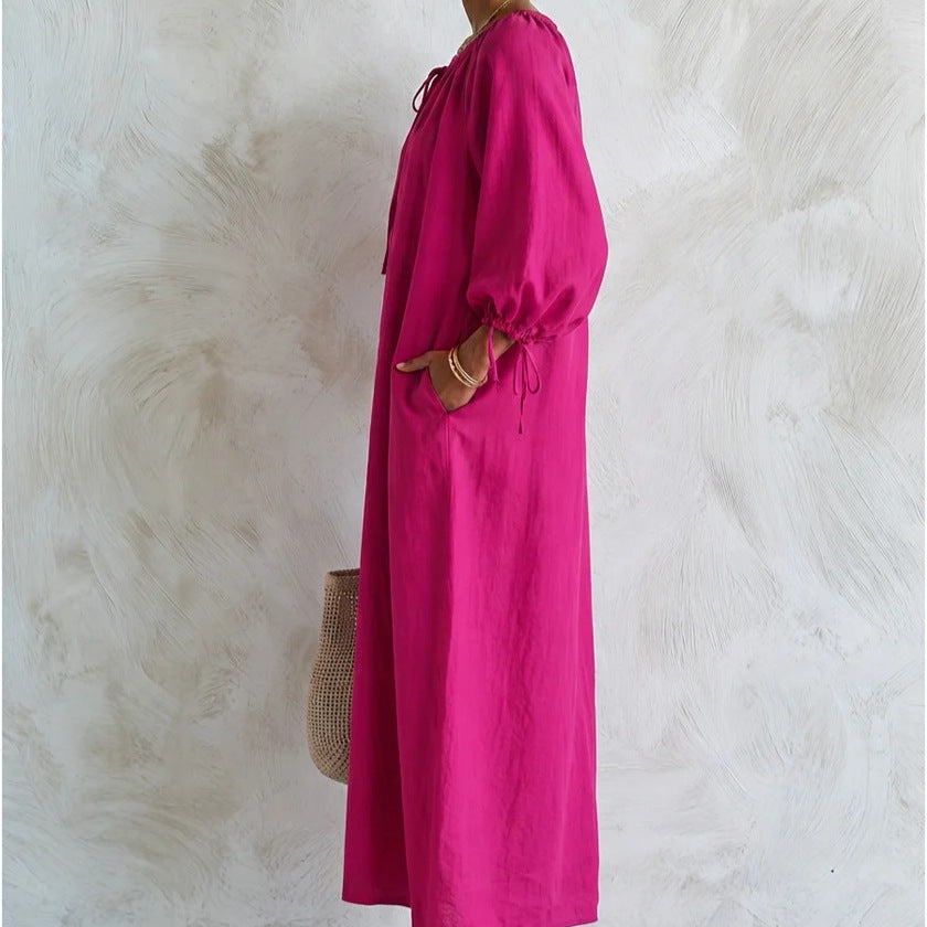 Damen Maxikleid im Kaftan-Stil mit gerafftem Rundhalsausschnitt, Ballonärmeln und Eingrifftaschen Shop Nory
