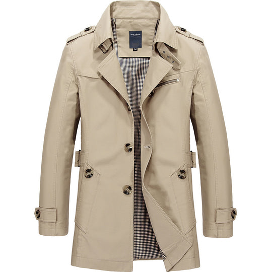 Herren Kurzer Doppelreihiger Trenchcoat mit Reverskragen, Schulterklappen und karierter Innenfütterung Shop Nory