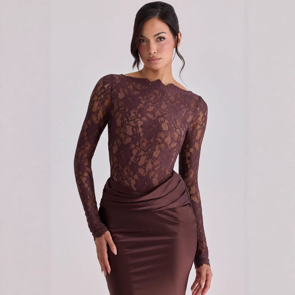Damen Elegantes Spitzenoberteil mit fließendem Satinkleid