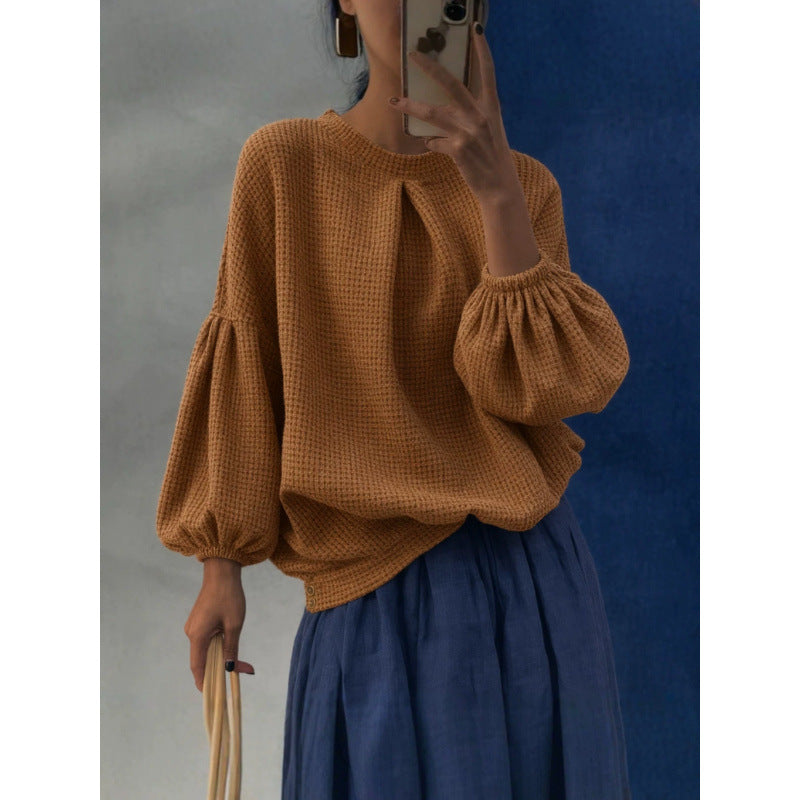 Damen Oversize Waffelstrickpullover mit Ballonärmeln und Kellerfalte Shop Nory