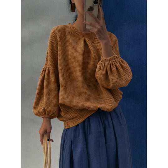 Damen Oversize Waffelstrickpullover mit Ballonärmeln und Kellerfalte Shop Nory