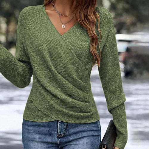 Damen nan figurbetonter Wickel-Strickpullover mit V-Ausschnitt und feiner Rippenstruktur Shop Nory