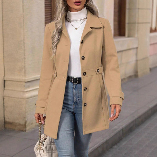 Damen Taillierter Kurzmantel mit Knopfleiste und Ziergürtel Shop Nory