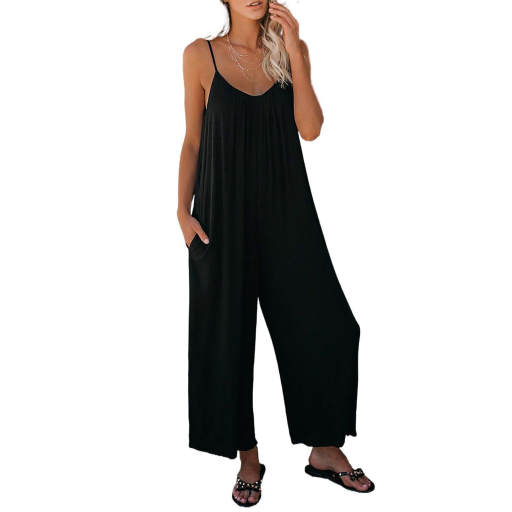 Damen Lässiger Sommer-Jumpsuit mit tiefem Ausschnitt und praktischen Taschen