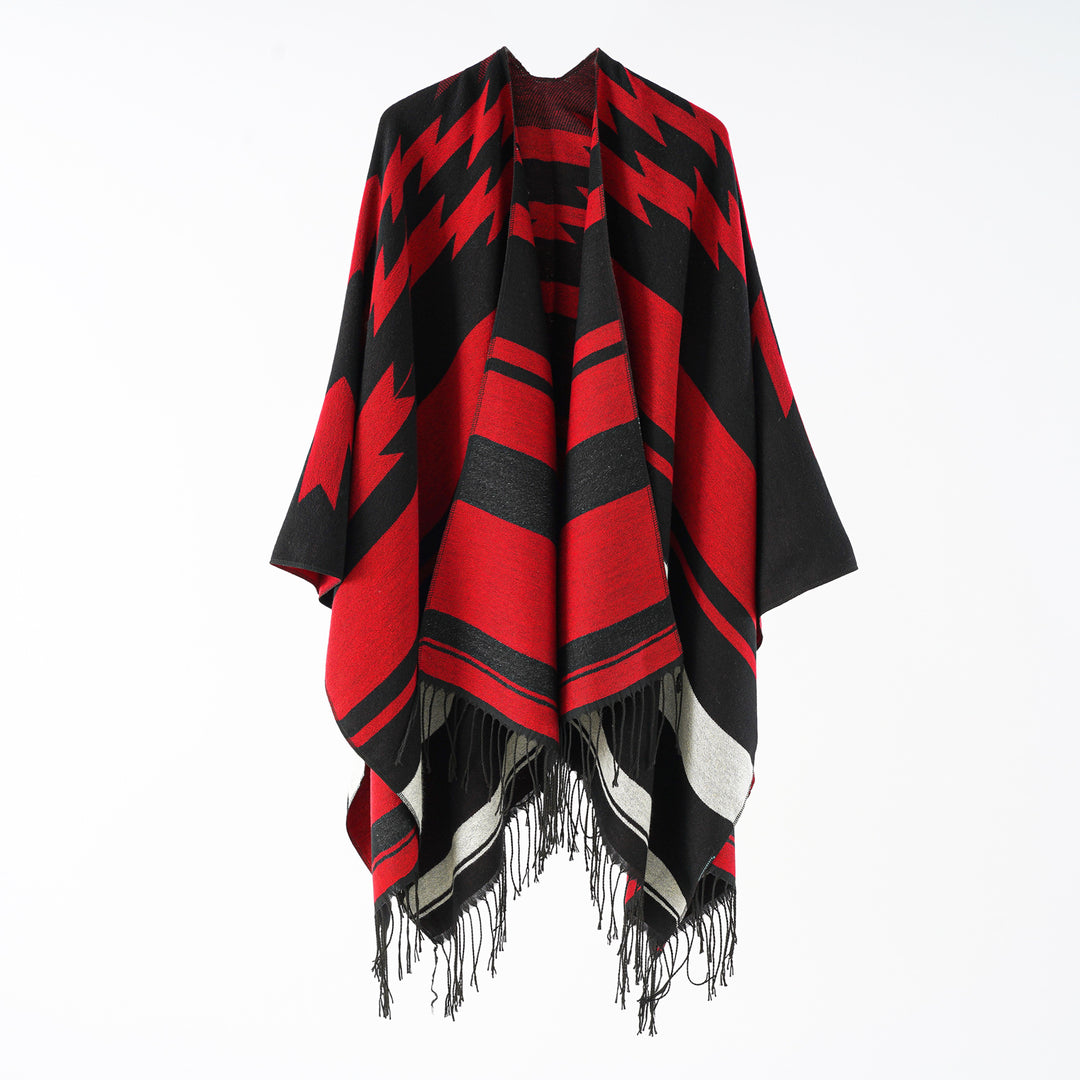 Damen Langer Reversfreier Webponcho im Umhangstil mit dezentem Zackenmuster und Fransensaum Shop Nory