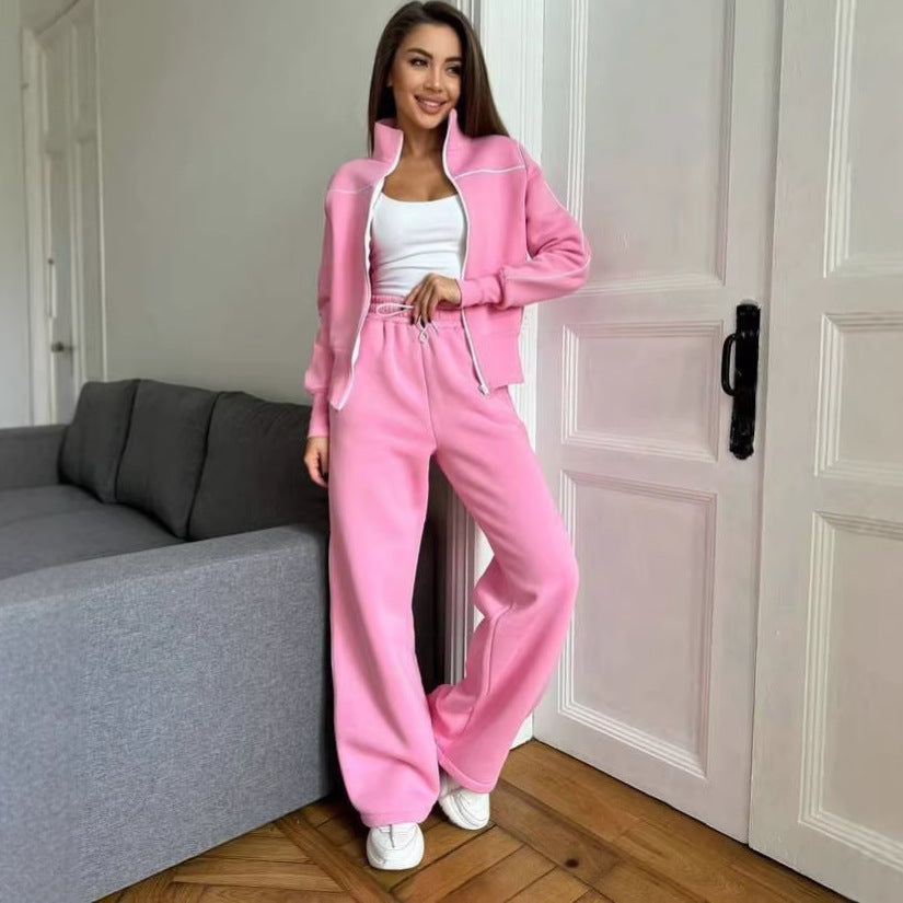 Damen Zweiteiliges Jogginganzug-Set mit Stehkragen, Kontrastpaspel und weitem Bein Shop Nory