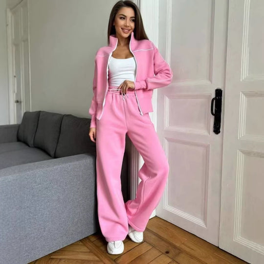 Damen Zweiteiliges Jogginganzug-Set mit Stehkragen, Kontrastpaspel und weitem Bein Shop Nory