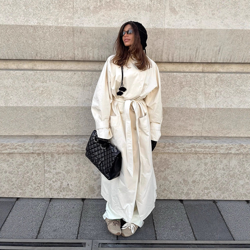 Damen Maxilanger taillierter Trenchcoat aus leichter Baumwollmischung mit Bindegürtel Shop Nory