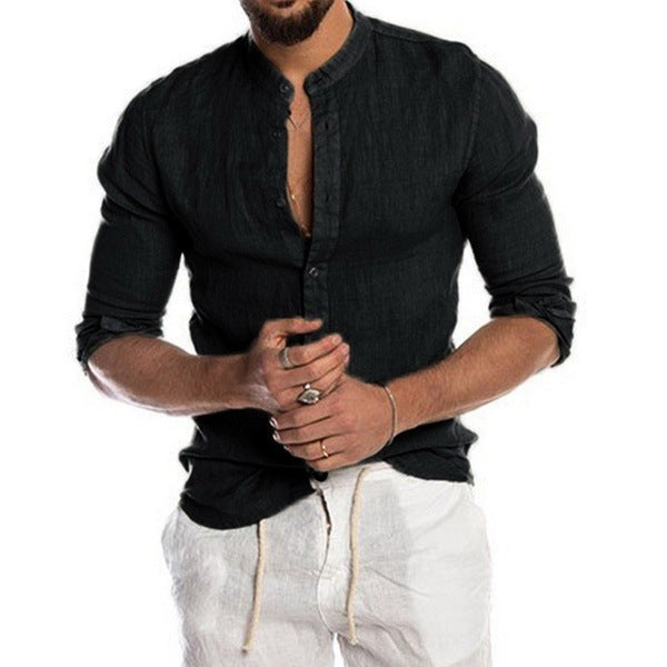 Herren nan Leinenhemd mit Stehkragen, durchgehender Knopfleiste und legerer Slim-Fit-Passform