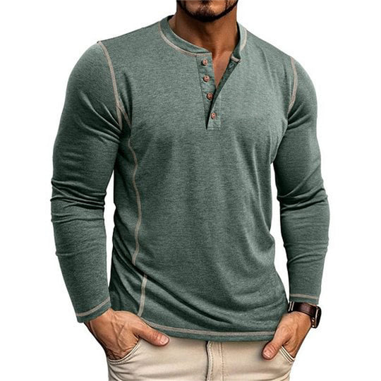 Herren Elastisches Langarm-Henley-Shirt mit Kontrastnähten und Knopfleiste EB