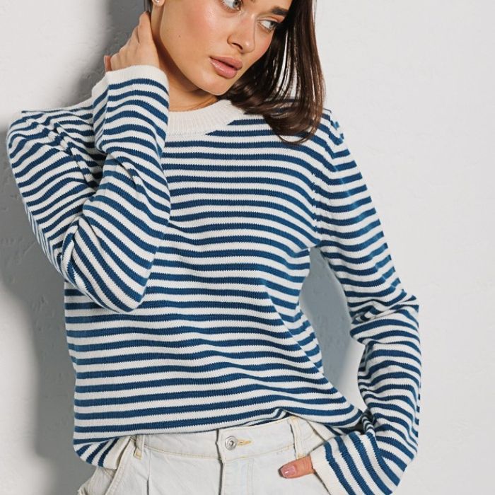 Damen gestreifter, lässiger Pullover aus hochwertigem Baumwollmix Shopnory