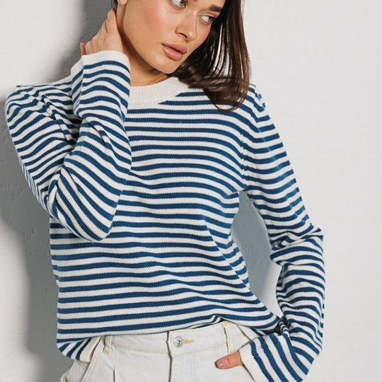 Damen gestreifter, lässiger Pullover aus hochwertigem Baumwollmix Shopnory